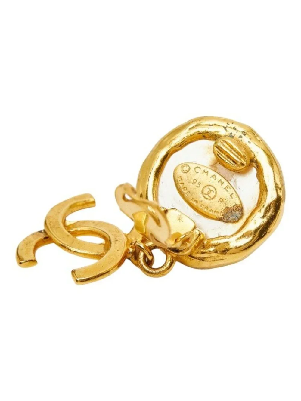 Chanel CC Logo Vintage Swing Earrings 95 Gold Plated Faux Pearl